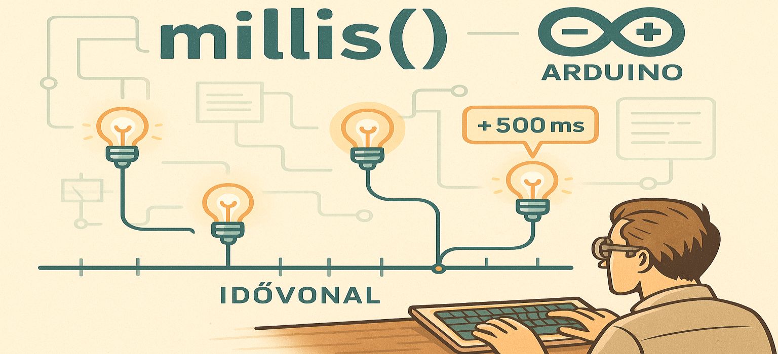 Rendszerezett Arduino programozás - avagy hogyan győztem le a spagettikódot - Cseh Robert / TavIR Egy programozó figyeli az Arduino millis() függvény idővonalát világító izzókkal.