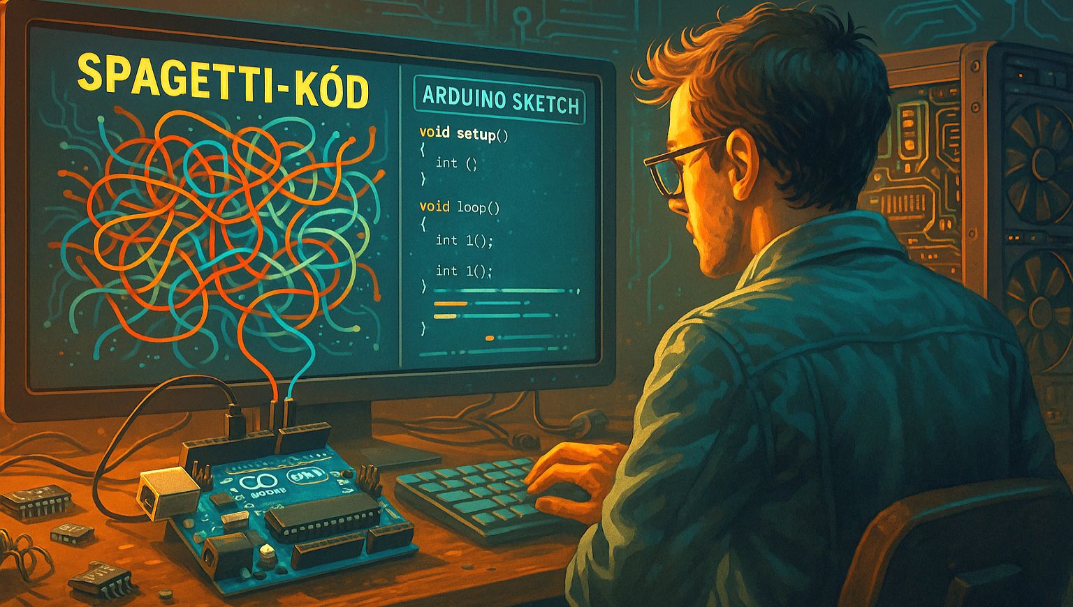 Rendszerezett Arduino programozás - avagy hogyan győztem le a spagettikódot - Cseh Robert / TavIR Egy programozó Arduino-val dolgozik, miközben a képernyőn spagetti kód jelenik meg.