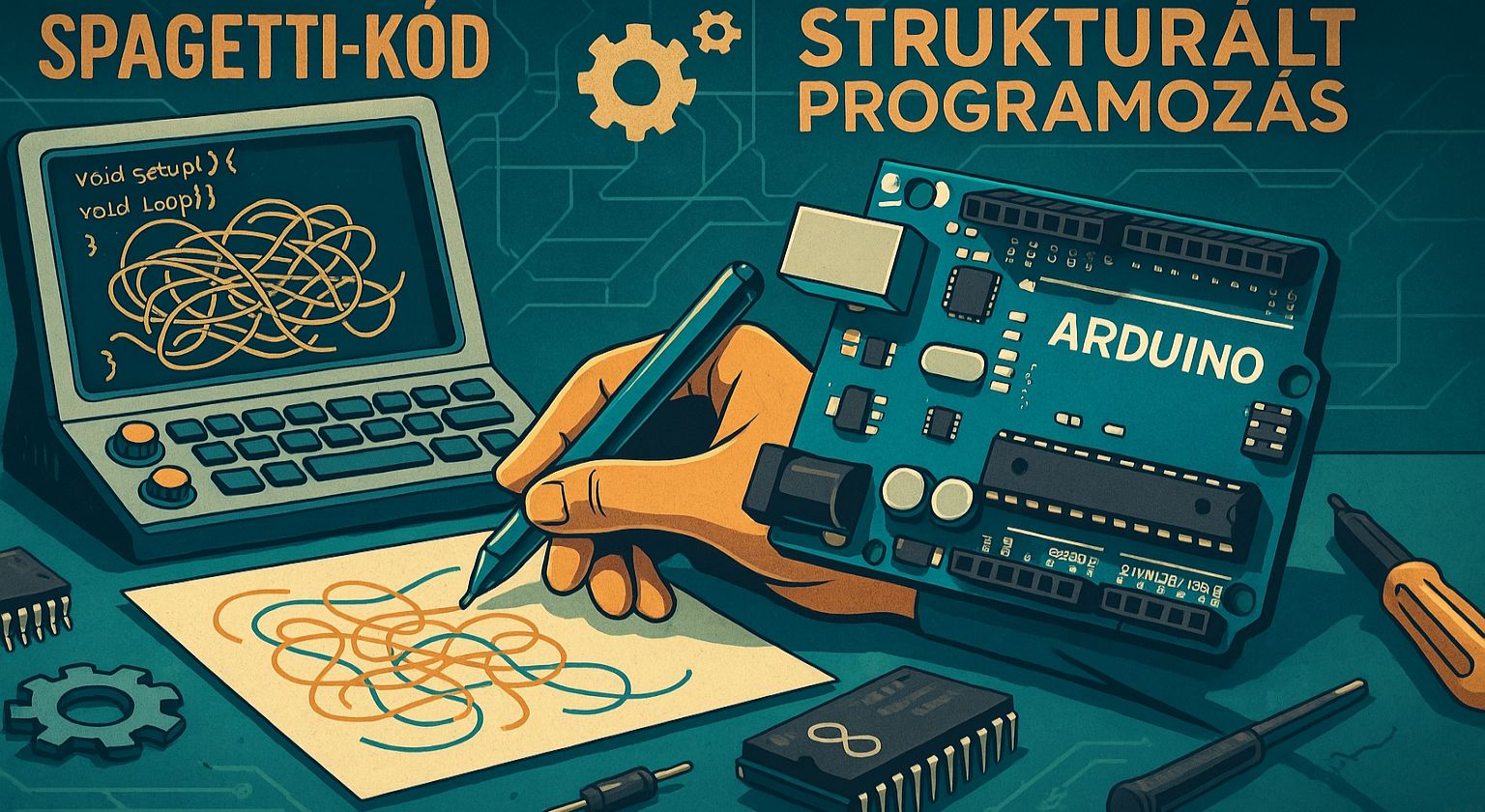 Rendszerezett Arduino programozás - avagy hogyan győztem le a spagettikódot - Cseh Robert / TavIR Illusztráció a spagetti-kód és a strukturált programozás közötti különbségről Arduino témában.