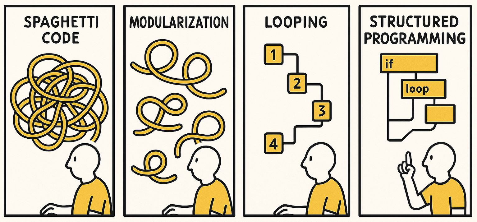 Rendszerezett Arduino programozás - avagy hogyan győztem le a spagettikódot - Cseh Robert / TavIR Négy panelből álló illusztráció, amely bemutatja a programozási stílusok fejlődését a spagetti kódtól a strukturált programozásig.