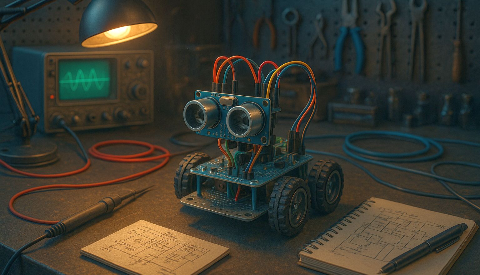 Rendszerezett Arduino programozás - avagy hogyan győztem le a spagettikódot - Cseh Robert / TavIR Egy szenzorokkal felszerelt, kerekeken guruló Arduino-alapú robot látható egy műhelyszerű környezetben.