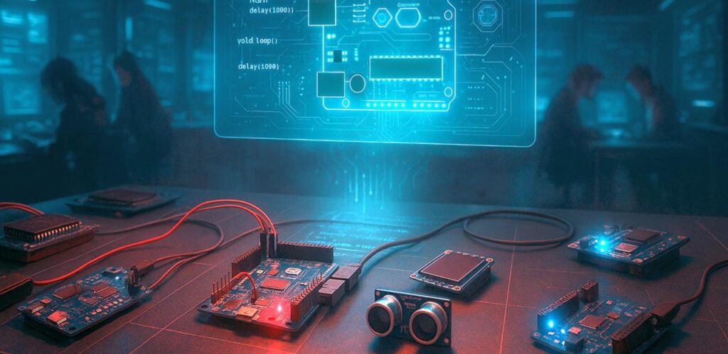 Mi az az Arduino és hol van értelme használni? - Cseh Robert / TavIR Arduino és elektronikai modulok asztalon futurisztikus kék holografikus kódvetítéssel.