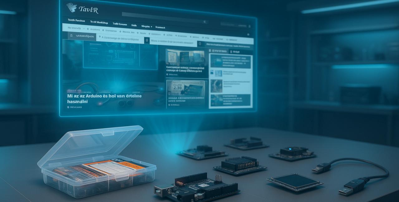 Mi az az Arduino és hol van értelme használni? - Cseh Robert / TavIR Egy technológiai laborasztalon Arduino eszközök és kiegészítők láthatók, egy lebegő, digitális képernyő előtt.