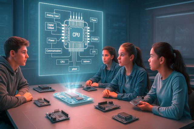 Mi az az Arduino és hol van értelme használni? - Cseh Robert / TavIR Négy diák egy asztal körül ül, mikrokontroller modulokkal, egy holografikus CPU architektúra ábrát nézve.