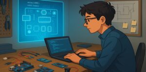 Hogyan válassz mikrokontrollert? – Részletes útmutató kezdőknek és haladóknak - Cseh Robert / TavIR Fiatal férfi laptopon programoz Arduino eszközöket egy technológiai laborban, miközben egy holografikus áramkör-diagramot néz.