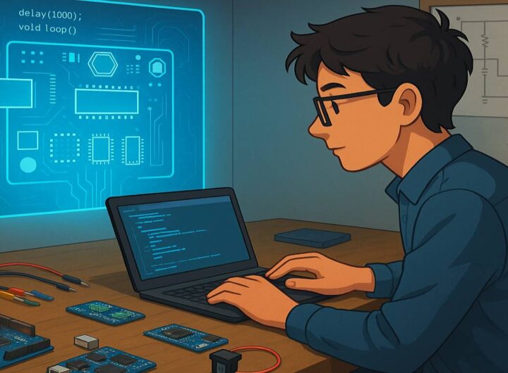 Hogyan válassz mikrokontrollert? – Részletes útmutató kezdőknek és haladóknak - Cseh Robert / TavIR Fiatal férfi laptopon programoz Arduino eszközöket egy technológiai laborban, miközben egy holografikus áramkör-diagramot néz.