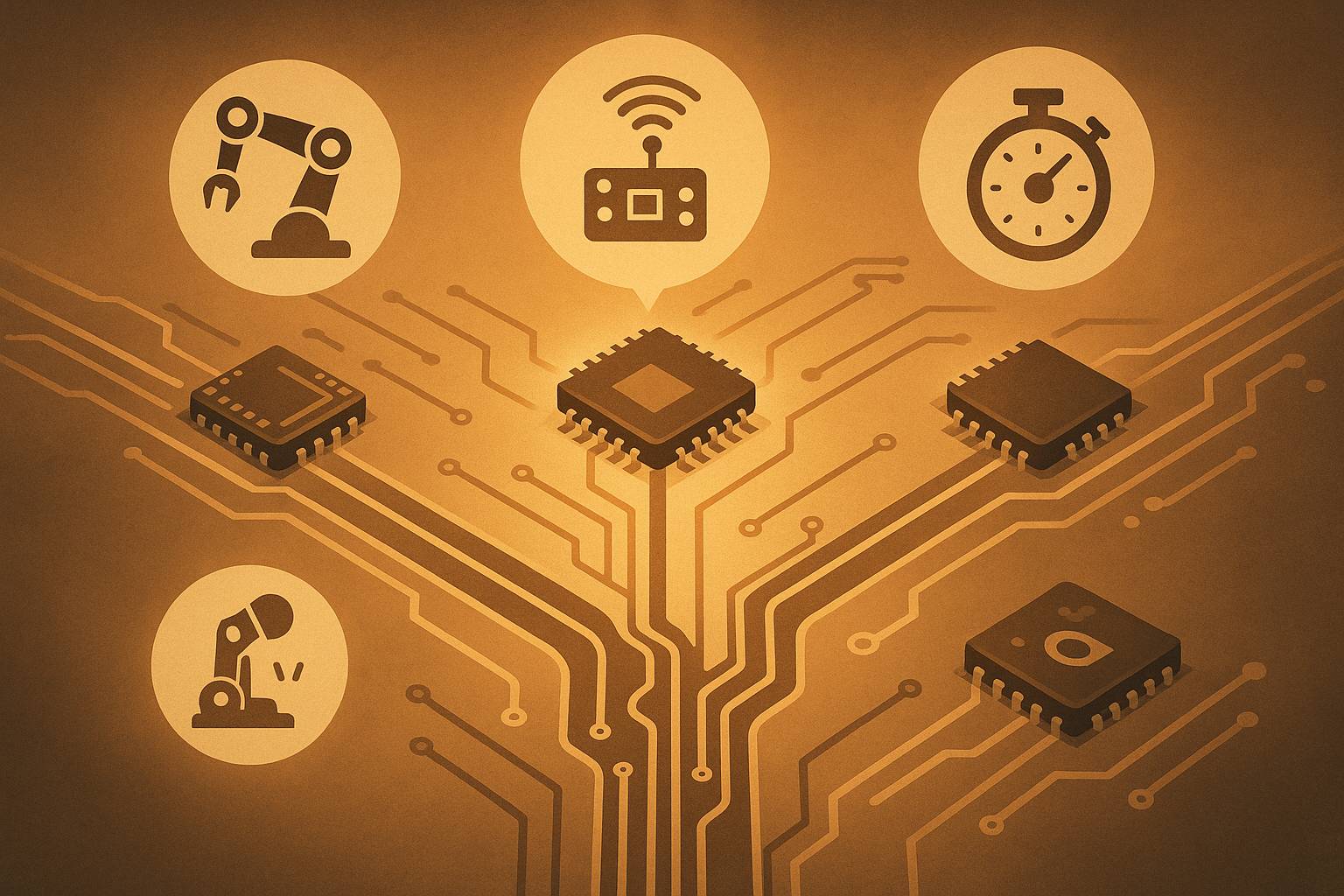 Hogyan válassz mikrokontrollert? – Részletes útmutató kezdőknek és haladóknak - Cseh Robert / TavIR Egy központi mikrokontrollerből áramkörök vezetnek különböző funkciókat jelző ikonokhoz, például robotkarhoz és vezeték nélküli kommunikációhoz.