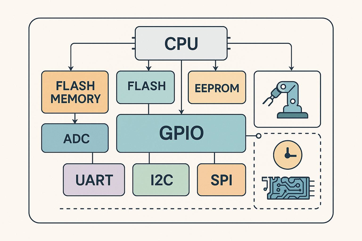 Hogyan válassz mikrokontrollert? – Részletes útmutató kezdőknek és haladóknak - Cseh Robert / TavIR Egy színes blokkdiagram mutatja a mikrokontroller belső felépítését, a CPU-tól a perifériákig.