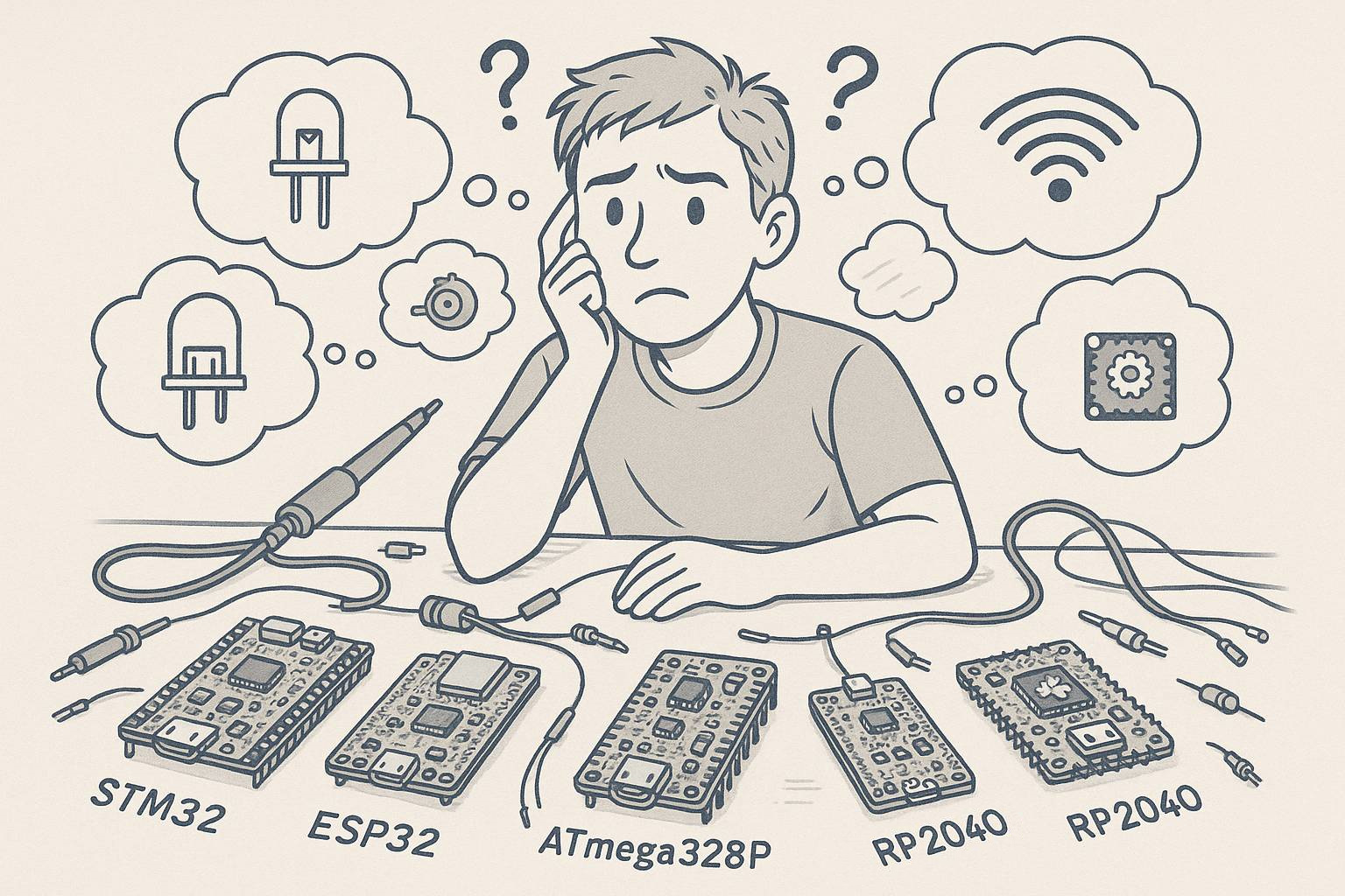 Hogyan válassz mikrokontrollert? – Részletes útmutató kezdőknek és haladóknak - Cseh Robert / TavIR Egy fiatal fiú zavarodottan néz különböző mikrokontroller panelekre, miközben gondolatbuborékok lebegnek körülötte.