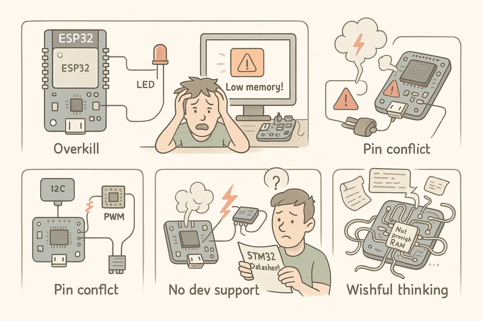Hogyan válassz mikrokontrollert? – Részletes útmutató kezdőknek és haladóknak - Cseh Robert / TavIR Karikatúra hat tipikus mikrokontrolleres hibáról, mint túlkomplikálás, pin-ütközés és fejlesztőtámogatás hiánya.