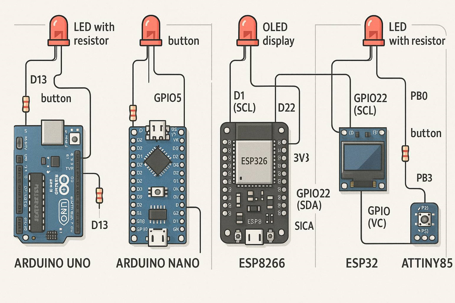 Hogyan válassz mikrokontrollert? – Részletes útmutató kezdőknek és haladóknak - Cseh Robert / TavIR Különféle mikrokontrollerek LED-ekkel, gombokkal és OLED kijelzővel összekötve láthatók egy rajzon.
