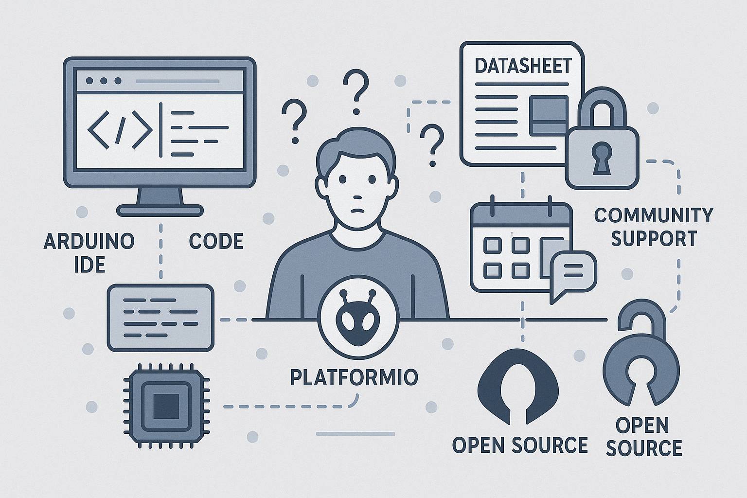 Hogyan válassz mikrokontrollert? – Részletes útmutató kezdőknek és haladóknak - Cseh Robert / TavIR Egy zavarodott fejlesztő körül ikonok jelennek meg a PlatformIO környezettel és nyílt forráskódú fejlesztéssel kapcsolatban.