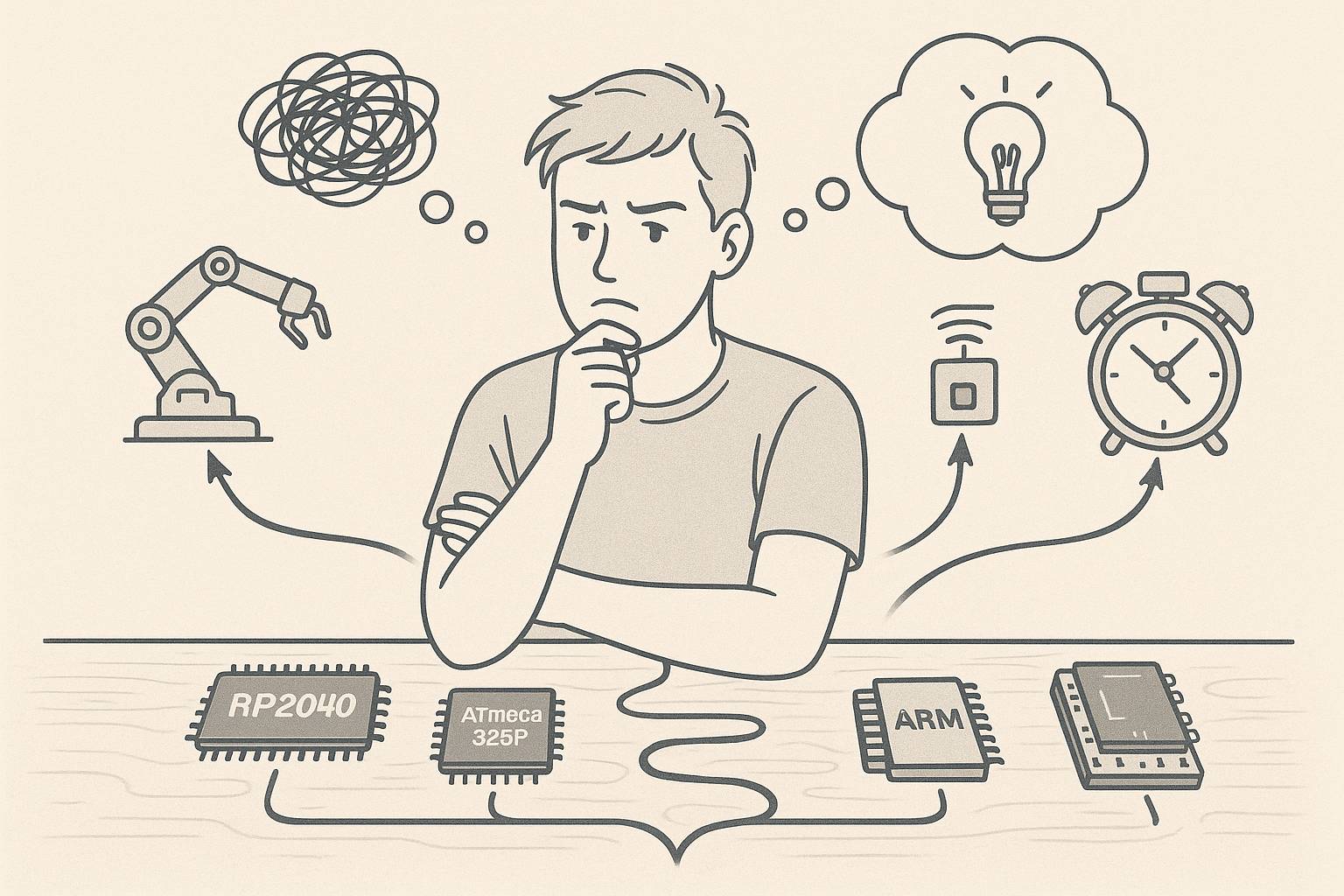Hogyan válassz mikrokontrollert? – Részletes útmutató kezdőknek és haladóknak - Cseh Robert / TavIR Egy gondolkodó ember különféle mikrokontrollerek és projektötletek között próbál választani.