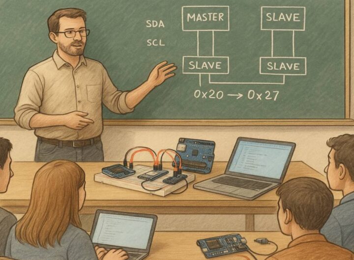 Tanár magyarázza az IIC / TWI / I²C kommunikációt egy osztályteremben, miközben diákok Arduino eszközökkel dolgoznak.