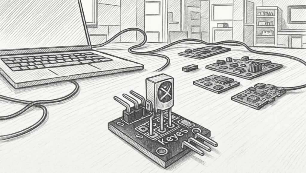 Infravörös vevőmodul tesztelése Arduino UNO-val - hogyan olvassunk távirányítót digitálisan (KY-022)? - Cseh Robert / TavIR Egy Keyes IR vevőmodul (VS1838B) látható egy asztalon, laptop és más Arduino modulok társaságában.