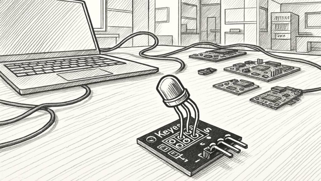Kétszínű LED modul kapcsolása Arduino UNO-hoz (KY-029) - Cseh Robert / TavIR Egy kétszínű duoled KY-029 LED modul asztalon, háttérben laptop és mikrokontrollerek laboratóriumi környezetben.
