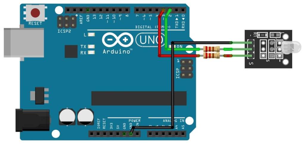 Kétszínű LED modul kapcsolása Arduino UNO-hoz (KY-029) - Cseh Robert / TavIR Arduino UNO mikrovezérlő kétszínű duoled ( KY-029 ) LED modulhoz csatlakoztatva színes vezetékekkel és ellenállásokkal.