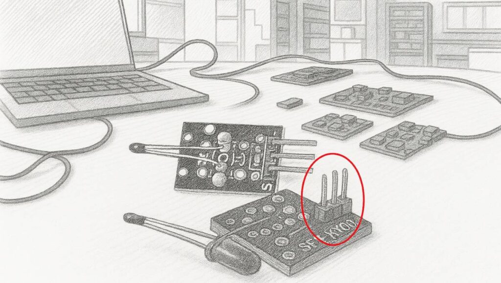 Szenzor működik, mégsem jó? - A három tűs csatlakozók rejtett buktatói - Cseh Robert / TavIR Hőmérséklet-érzékelőt tartalmazó elektronikai modulok laptop mellett egy asztalon.
