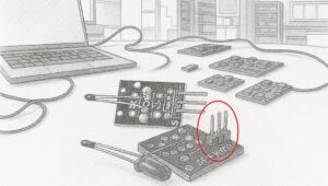 Szenzor működik, mégsem jó? - A három tűs csatlakozók rejtett buktatói - Cseh Robert / TavIR Hőmérséklet-érzékelőt tartalmazó elektronikai modulok laptop mellett egy asztalon.