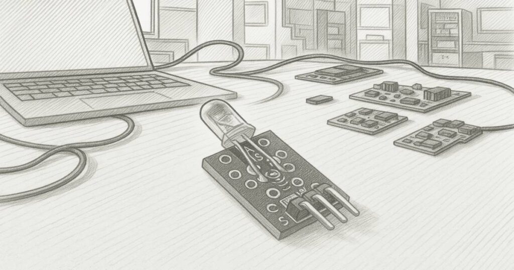 Arduino KY-005 IR LED adó modul bekötése (RC5/RC6 küldés) - Cseh Robert / TavIR KY-005 IR LED modul Arduino projekthez, laptop és fejlesztői panelek között, asztalon elhelyezve.