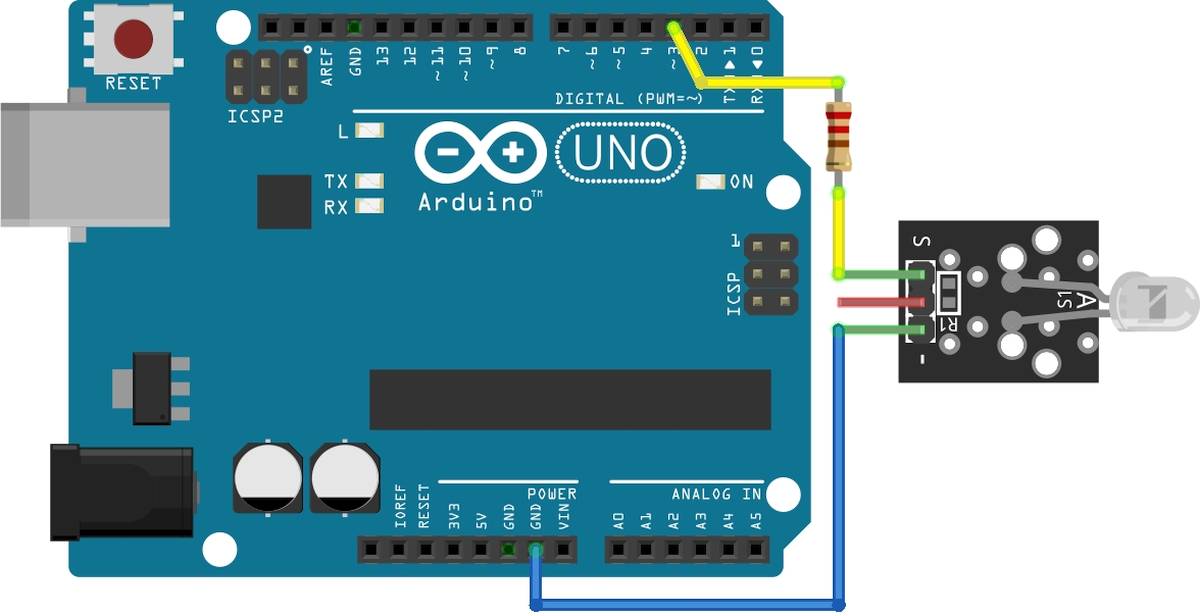 Arduino KY-005 IR LED adó modul bekötése (RC5/RC6 küldés) - Cseh Robert / TavIR Arduino UNO mikrovezérlőhöz csatlakoztatott infravörös LED modul vezetékezése látható.