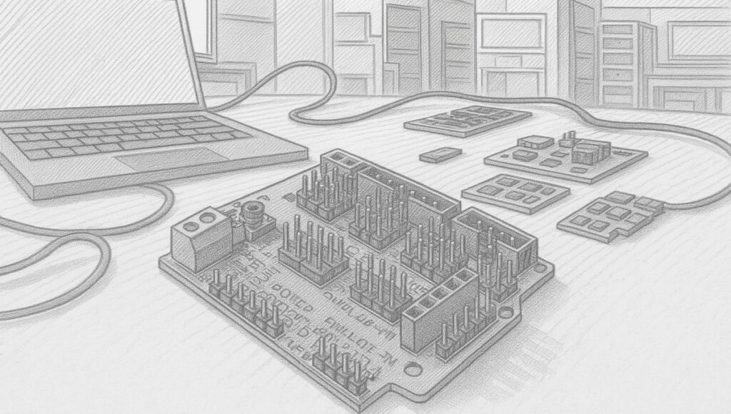 Sensor Shield V5: prototípusépítés egyszerűen és hibamentesen - Cseh Robert / TavIR Egy Arduino-fejlesztői panel és különféle modulok egy laptop mellett, asztalon elhelyezve.