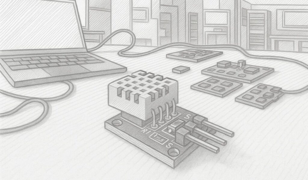 Hőmérséklet és páratartalom mérése Arduino-val: DHT11 (KY-015) - Cseh Robert / TavIR Egy DHT11 szenzor egy laptop előtt elhelyezett munkapadon, háttérben további elektronikai modulokkal.