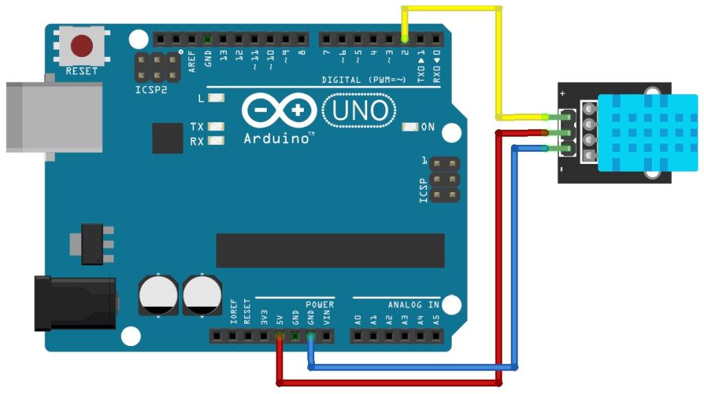 Hőmérséklet és páratartalom mérése Arduino-val: DHT11 (KY-015) - Cseh Robert / TavIR Arduino UNO és DHT11 hőmérséklet és páratartalom érzékelő bekötési diagramja.