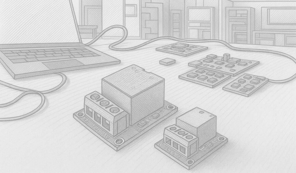 A relémodul (KY-019) - Cseh Robert / TavIR Két relémodul és több elektronikai áramkör vázlatosan ábrázolva egy asztalon, háttérben laptoppal.