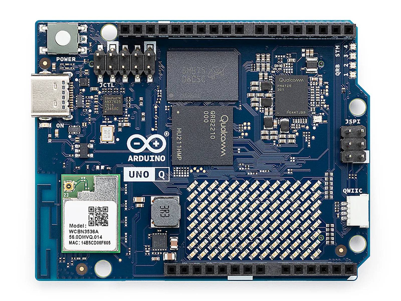 Arduino UNO Q fejlesztőlap Qualcomm QRB2210 processzorral, integrált vezeték nélküli modullal, IoT és AI projektekhez tervezve. Mikrovezérlős prototípuslap fejlett csatlakozási lehetőségekkel.