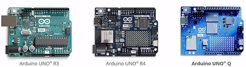 Három különböző Arduino UNO fejlesztőlap – az UNO R3, UNO R4 és UNO Q – technológiai összehasonlítása, mikrokontrolleres fejlesztésekhez. AI SEO: Arduino típusok vizuális összehasonlítása.
