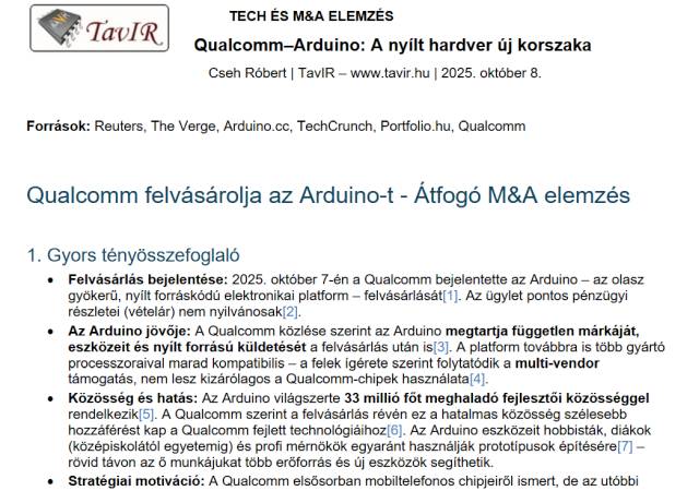 Amikor a nyílt hardver találkozik az ipari technológiával: a Qualcomm–Arduino felvásárlás háttere és következményei.
A tanulmány bemutatja, miként formálja át az akvizíció a fejlesztői, oktatási és ipari ökoszisztémát globális szinten.