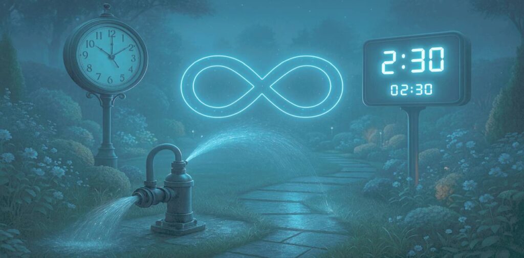 Ködös kertben analóg és digitális óra, köztük egy végtelen jelet formázó fényív, alatta automata locsoló rendszer – az őszi óraátállítás kettőzött időpontját szimbolizálva.