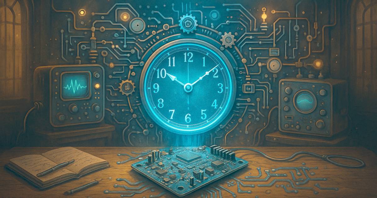 Egy hatalmas analóg óra integrálódik egy áramkörbe, miközben alatta mikrokontrolleres panel, jegyzetfüzet és oszcilloszkóp látható – az őszi óraátállítás technológiai szimbólumaként.