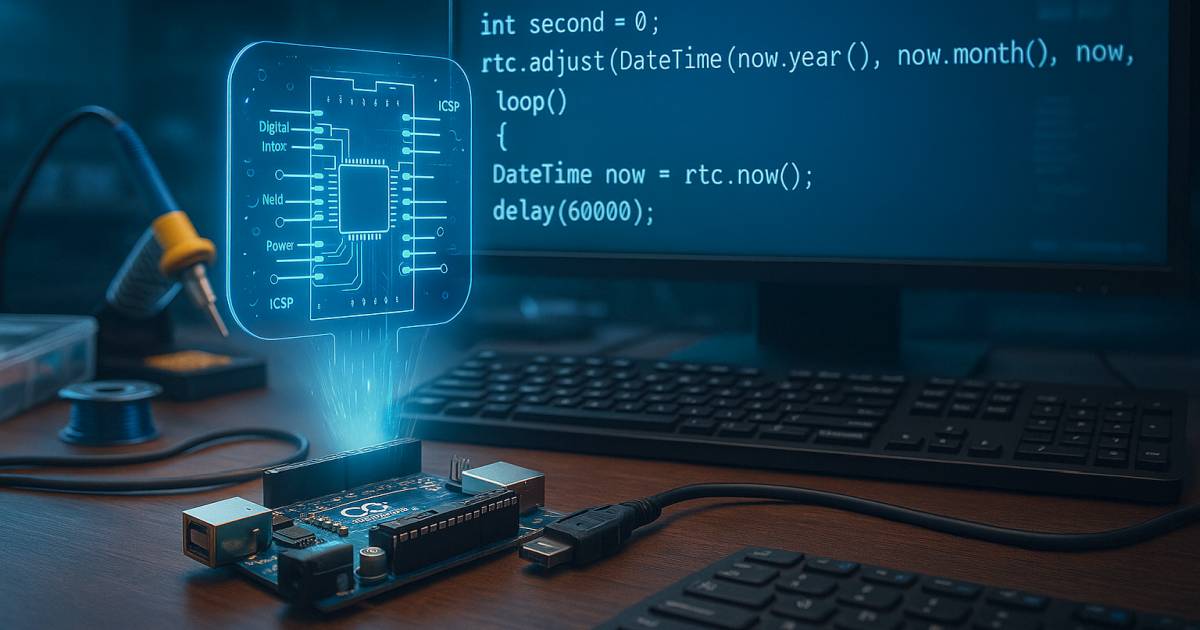 Arduino mikrokontroller egy asztalon, fölötte lebegő áramköri diagrammal, háttérben időalapú kódrészlettel – az óraátállítás időkezelési kihívásait szimbolizálva.