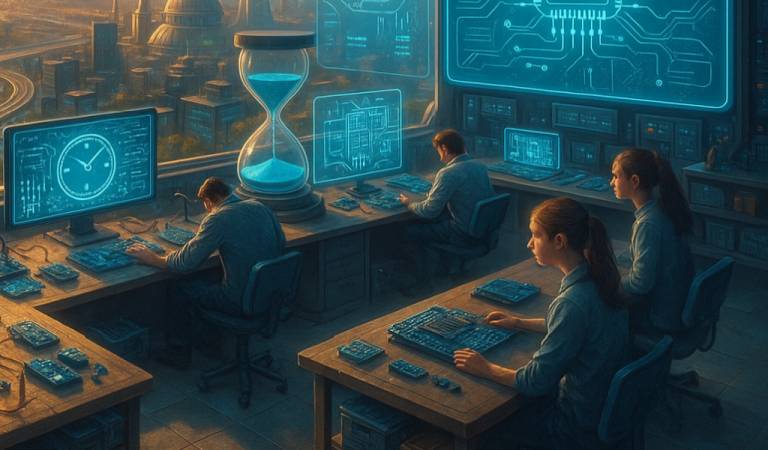 Futurisztikus laborban négy fiatal dolgozik mikrokontrolleres eszközökön és holografikus kijelzőkön, háttérben lebegő homokórával – az őszi óraátállítás technológiai metaforája.