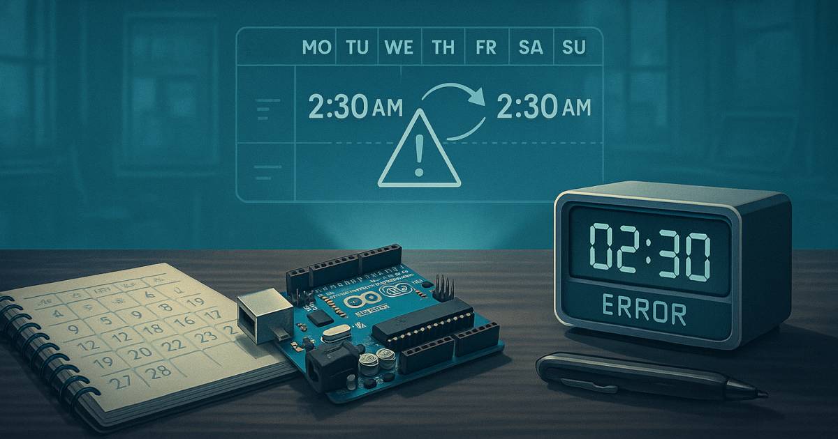 Egy digitális kijelző 02:30-at és hibajelzést mutat, mellette Arduino panel, naptár és grafikus óraátállítási figyelmeztetés – az őszi óraátállítás mikrokontrolleres problémáját illusztrálva.