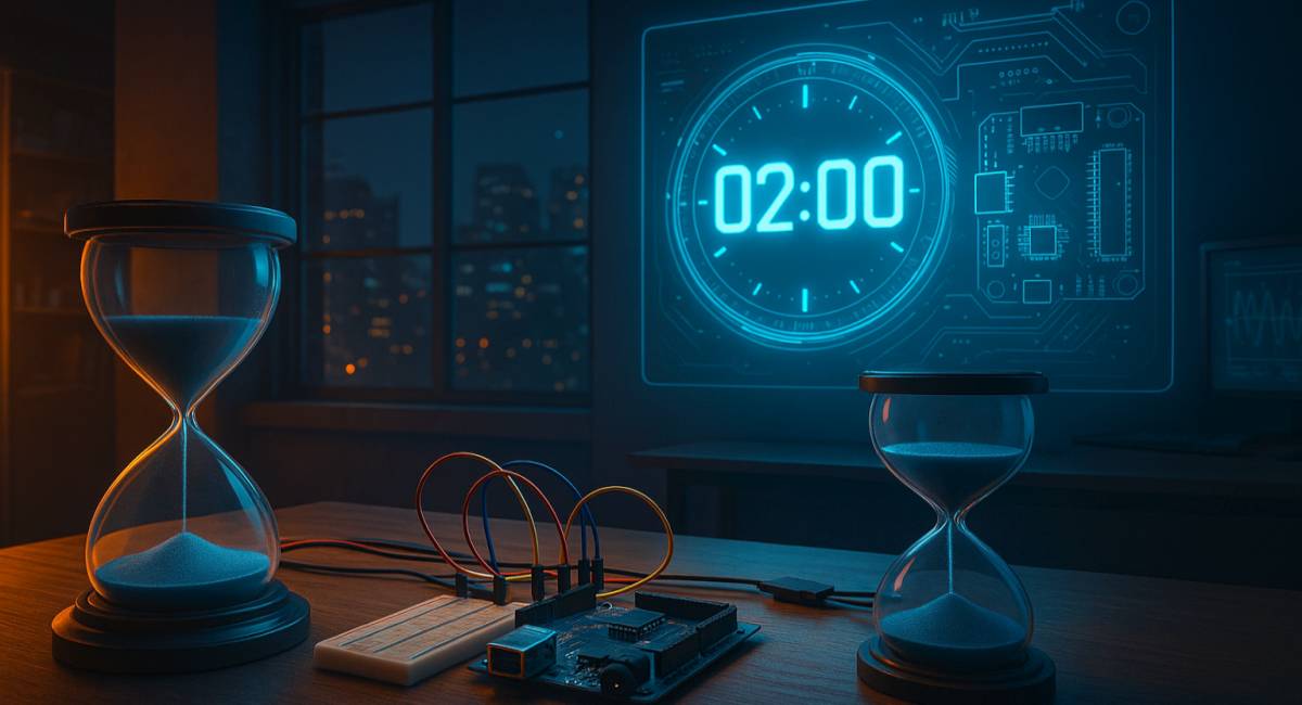 Két homokóra, egy Arduino panel és egy digitális óra jeleníti meg ugyanazt az időpontot – 02:00 – szimbolizálva az őszi óraátállítás ismétlődő időpillanatát.