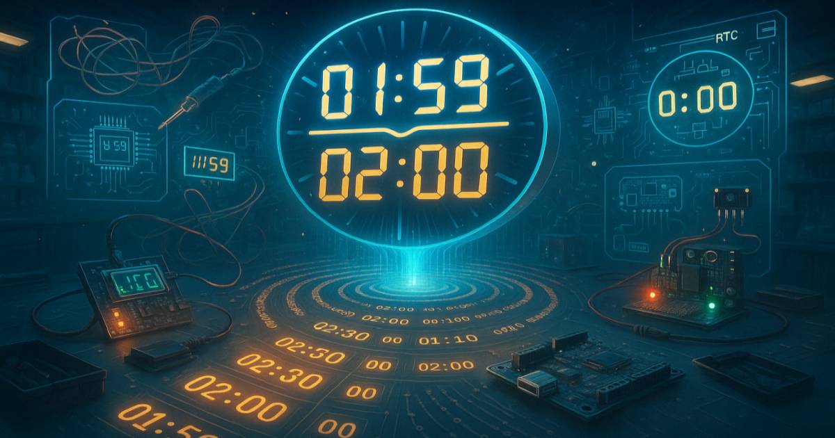 Digitális kijelzőn az őszi óraátállítás kulcsidőpontjai (01:59 és 02:00) jelennek meg, mikrokontrolleres eszközökkel körülvéve – a duplikált időpont problémájának illusztrációjaként.