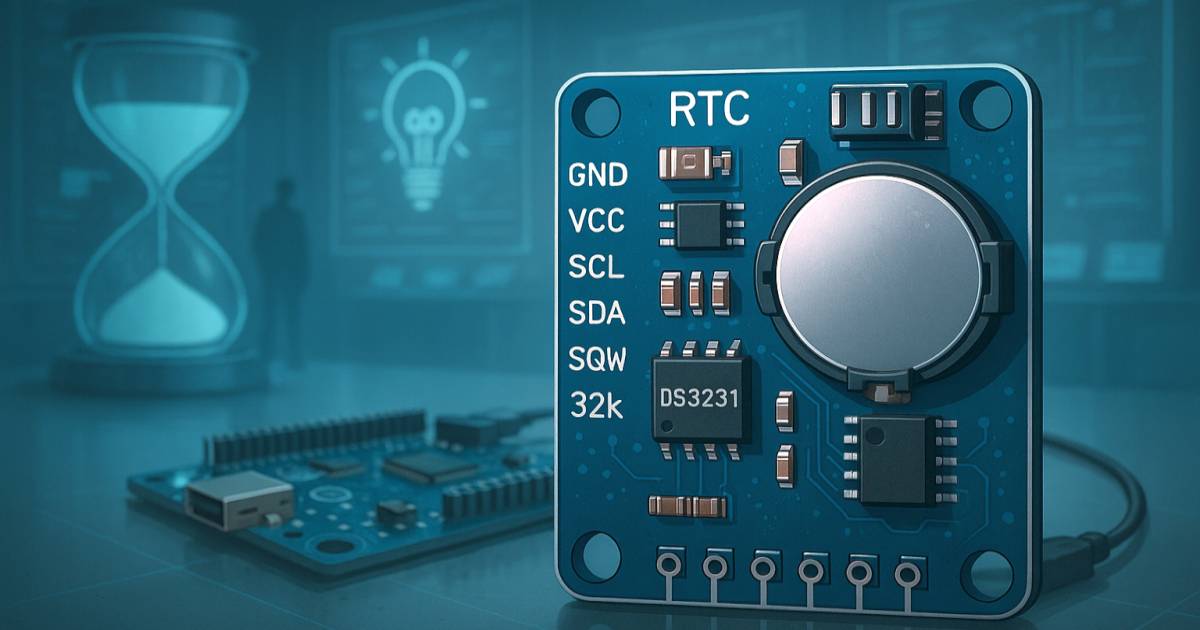 Közelkép egy DS3231 valós idejű óra (RTC) modulról, háttérben Arduino lappal és homokórával – az időkezelés pontosságát és az óraátállítás kihívását szimbolizálva.