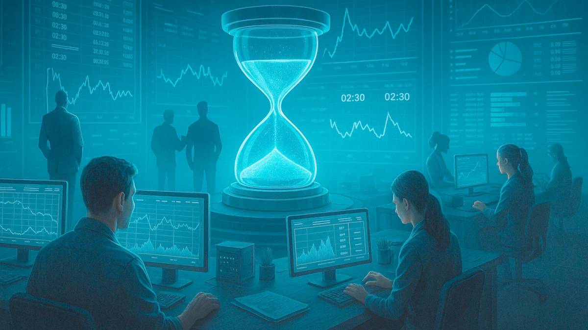 Elemzők egy futurisztikus irodában grafikonokat figyelnek, középpontban egy homokóra és ismétlődő 02:30 időbélyegek – az őszi óraátállítás naplózási hibáit szimbolizálva.