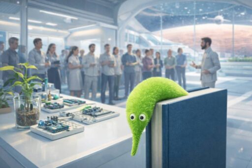 Egy futurisztikus laborban, űrbéli háttérrel, egy zöld, bolyhos Magic Worm könyvjelző hajlik egy könyvre, miközben a háttérben emberek figyelnek egy előadót.