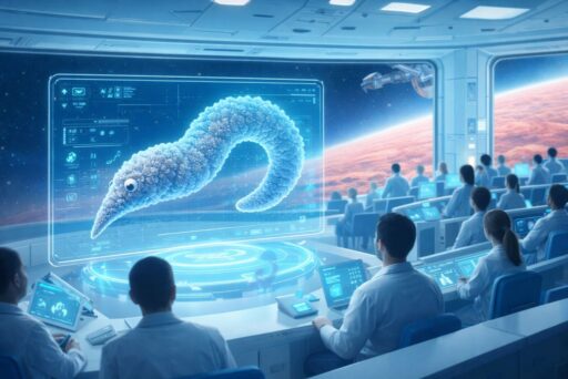 Űrbéli előadóteremben tudósok tanulmányozzák a holografikus Csillagkukac modellt, miközben a Mars látszik az ablakon túl