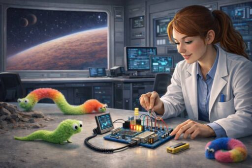 Fiatal kutatónő dolgozik egy Arduino-alapú áramkörön egy futurisztikus laborban, miközben színes, bolyhos kukacrobotok figyelik – mesterséges intelligencia és biointeraktív játékfejlesztés témában.