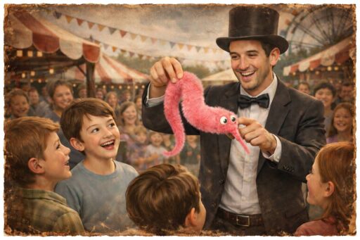 Egy bűvész egy régi vásári környezetben bolyhos rózsaszín Magic Worm kukaccal kápráztatja el a nevető gyerekeket. Klasszikus bűvésztrükk emberi érzelmekkel és nosztalgiával.
