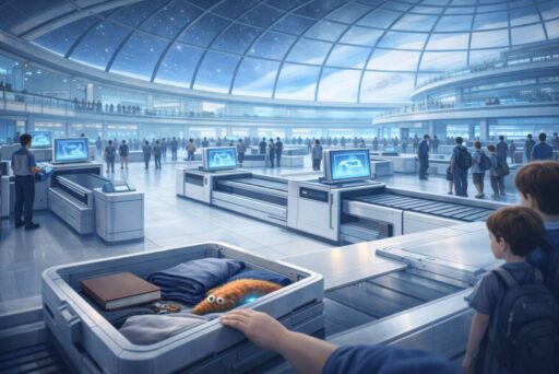 Űrkikötő biztonsági ellenőrző pontján egy gyerek ruhái közt egy bolyhos, narancssárga Csillagkukac bújik meg