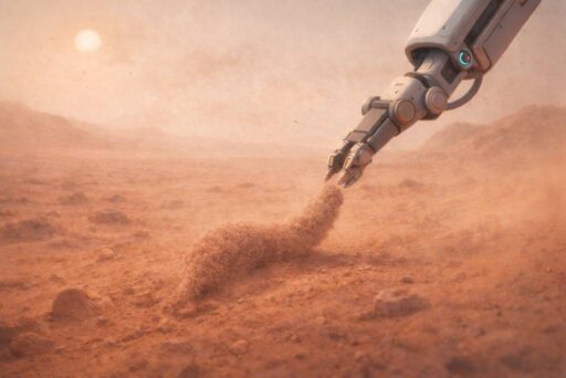 Egy kutatórobot karja egy poros marsi tájon egy megkövesedett, mágikus féregtestet tár fel