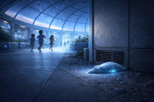 Egy elhagyatott, kékesen világító Csillagkukac hever egy szellőzőrács előtt a marsi kupolavárosban, háttérben játszó gyerekekkel