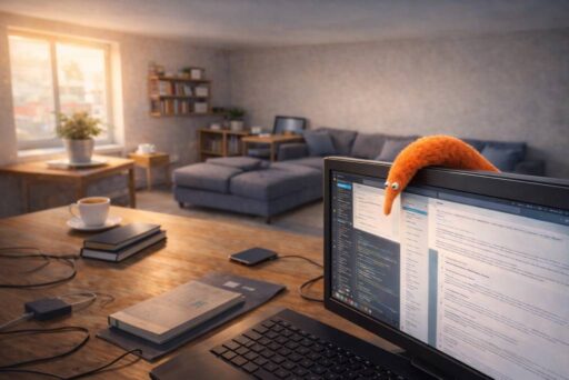 Egy otthoni irodában egy monitor tetején narancssárga plüss kukac figyeli a képernyőt, amelyen kódolás és dokumentáció látható