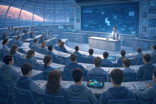 Űrbázis-szerű, futurisztikus tanterem a Marson, ahol egy tanár, Omega Flux, diákokat oktat egy digitális panel előtt, miközben adatokat és grafikonokat mutatnak be;